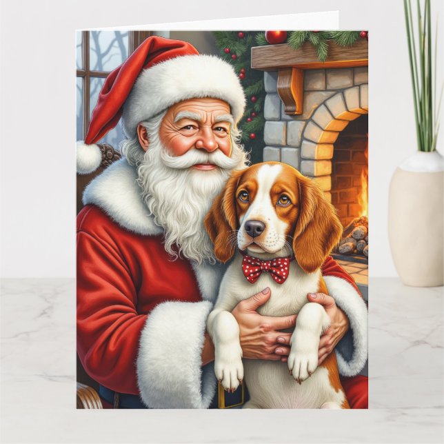Santa Claus Holding Brittany Spaniel Christmas Art Kort (Framsida)