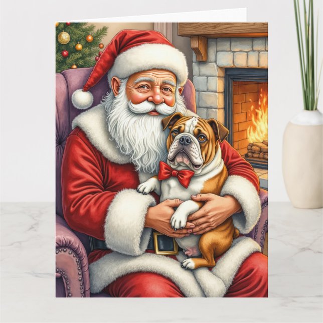 Santa Claus Holding Bulldog Christmas Art Kort (Framsida)