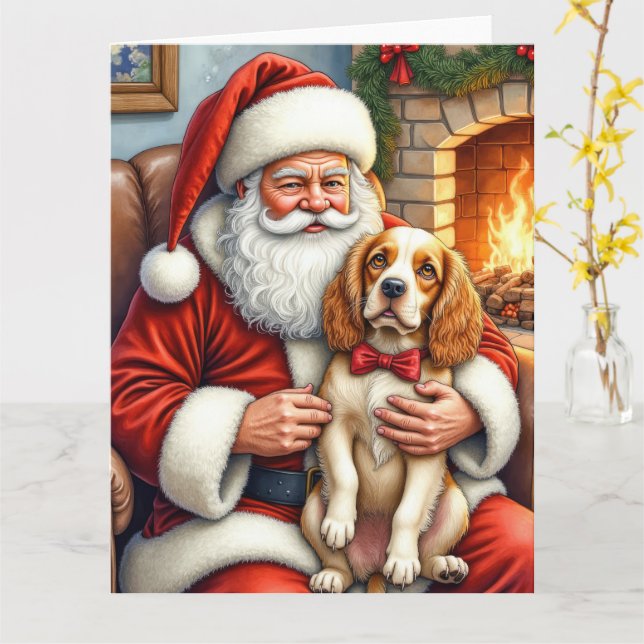 Santa Claus Holding Cocker Spaniel Christmas Art Kort (Gul blomma)