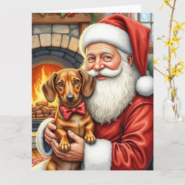 Santa Claus Holding Dachshund Christmas Art Kort (Gul blomma)