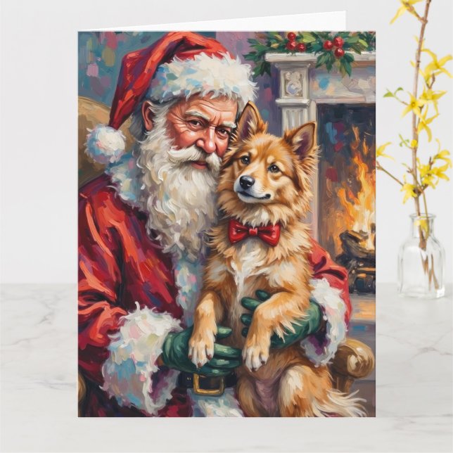 Santa Claus Holding Finnish Lapphund Christmas Art Kort (Gul blomma)