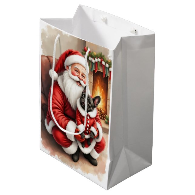 Santa Claus Holding French Bulldog Christmas Art (Framsidan Vinklad)