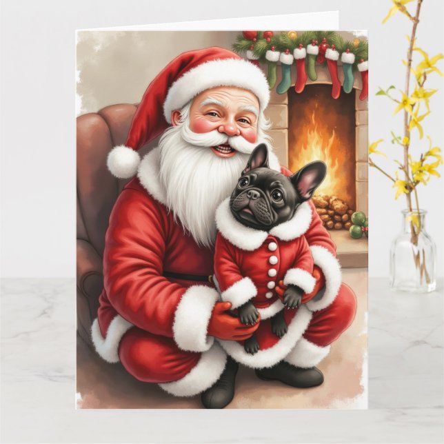 Santa Claus Holding French Bulldog Christmas Art Kort (Gul blomma)