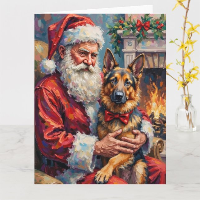 Santa Claus Holding German Shepherd Christmas Art Kort (Gul blomma)