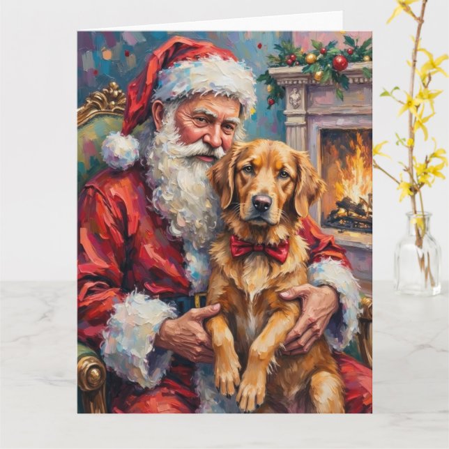 Santa Claus Holding Golden Retriever Christmas Art Kort (Gul blomma)
