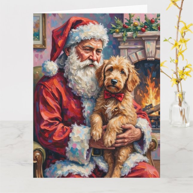Santa Claus Holding Goldendoodle Christmas Art Kort (Gul blomma)