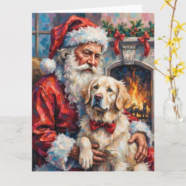 Santa Claus Holding Great Pyrenees Christmas Art Kort (Gul blomma)