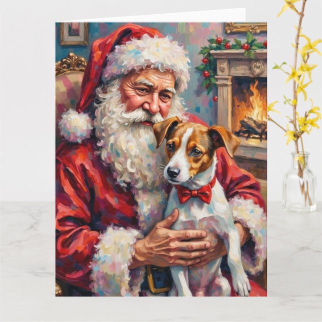 Santa Claus Holding Jack Russell Christmas Art Kort (Gul blomma)