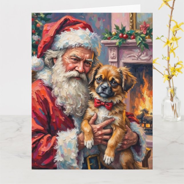 Santa Claus Holding Japanese Chin Christmas Art Kort (Gul blomma)
