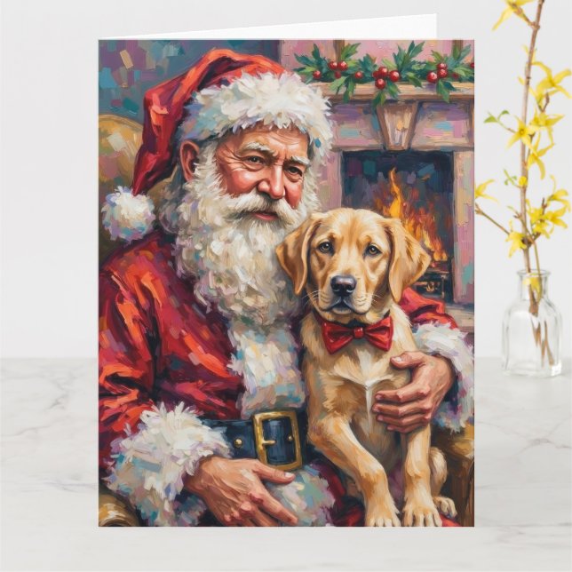 Santa Claus Holding Labrador Christmas Art Kort (Gul blomma)