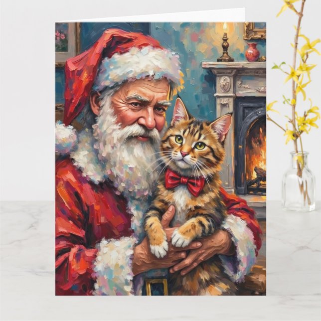 Santa Claus Holding Maine Coon Cat Christmas Art Kort (Gul blomma)
