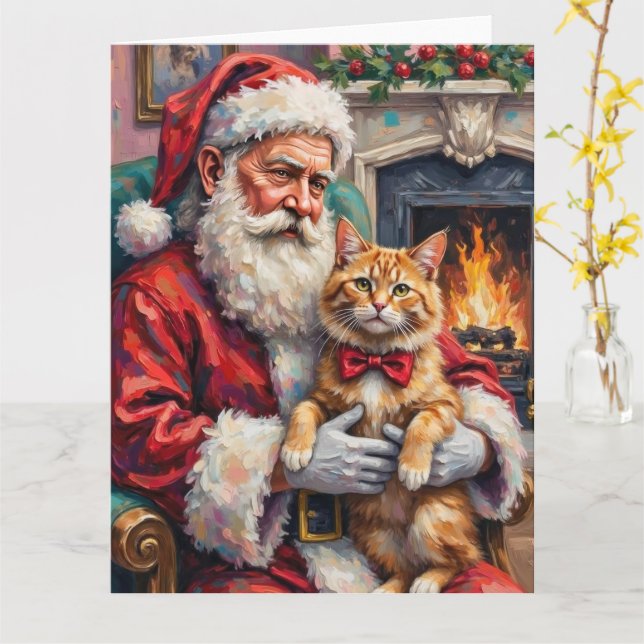 Santa Claus Holding Persian Cat Christmas Art Kort (Gul blomma)