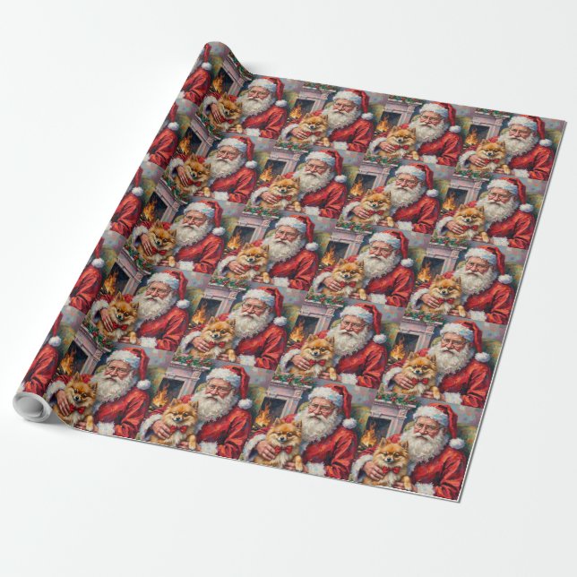 Santa Claus Holding Pomeranian Christmas Art Presentpapper (Utrullad)