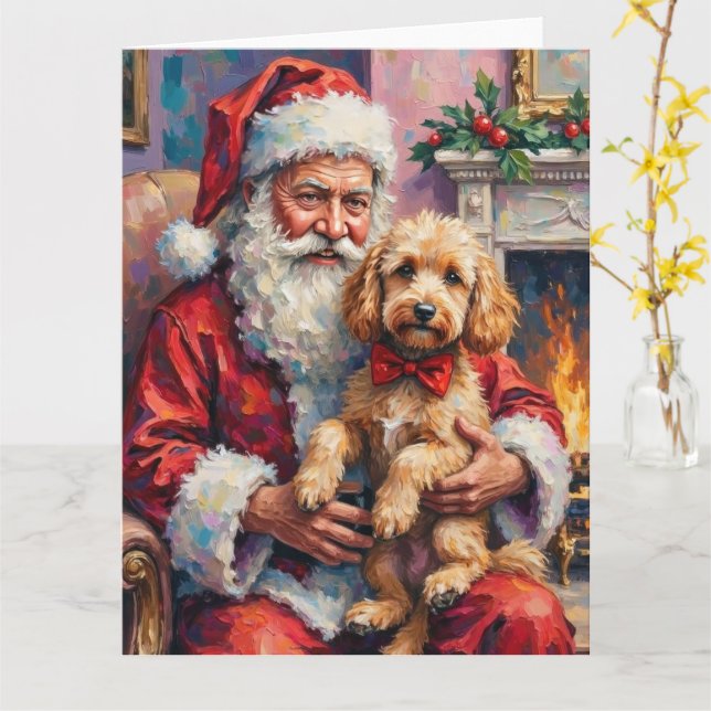 Santa Claus Holding Poodle Christmas Art Kort (Gul blomma)