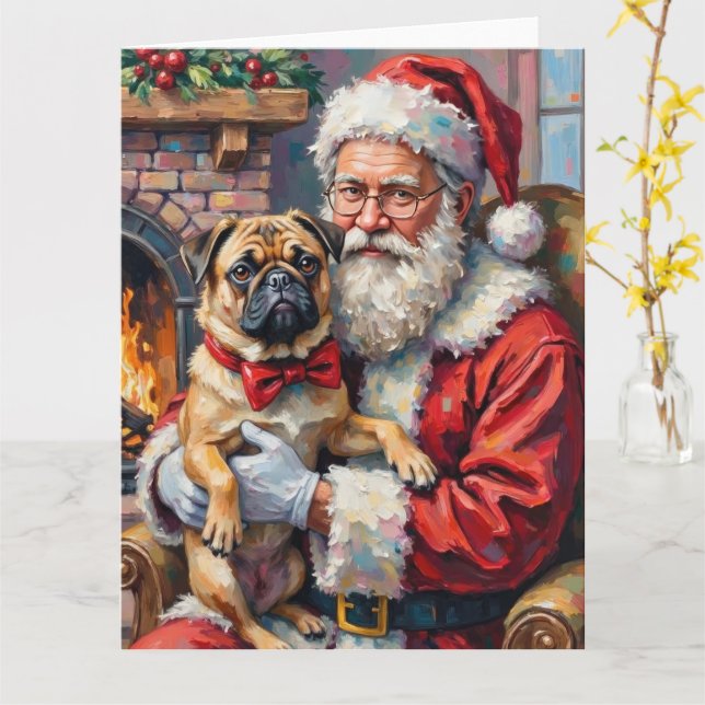 Santa Claus Holding Pug Christmas Art Kort (Gul blomma)