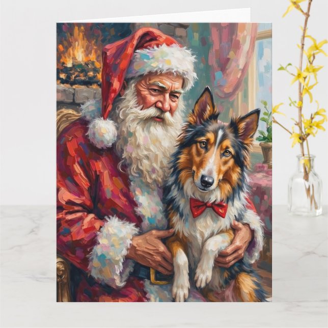 Santa Claus Holding Rough Collie Christmas Art Kort (Gul blomma)
