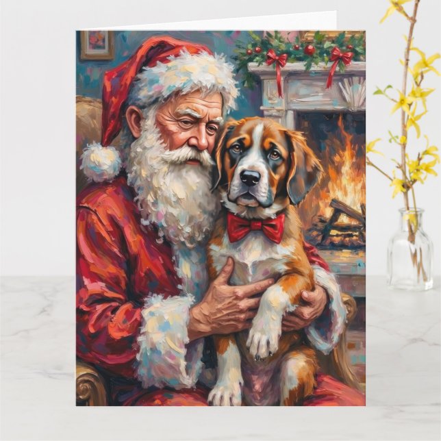 Santa Claus Holding Saint Bernard Christmas Art Kort (Gul blomma)