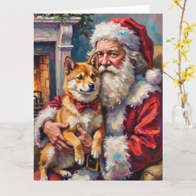 Santa Claus Holding Shiba Inu Christmas Art Kort (Gul blomma)