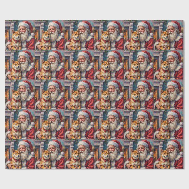 Santa Claus Holding Shiba Inu Christmas Art Presentpapper (Platt)