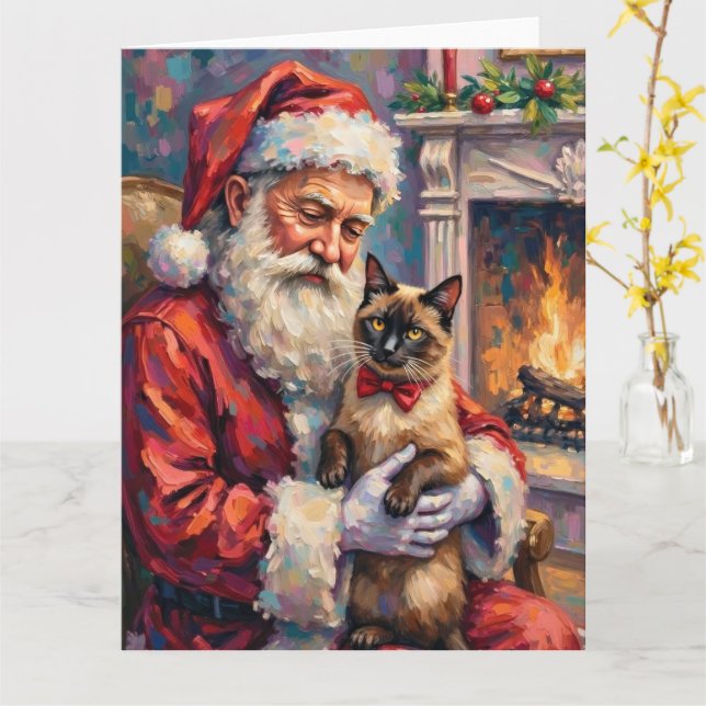 Santa Claus Holding Siamese Cat Christmas Art Kort (Gul blomma)