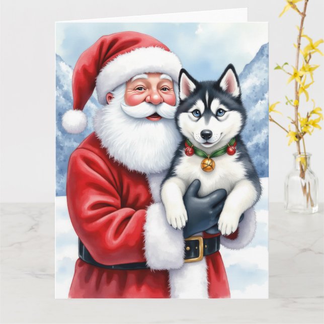 Santa Claus Holding Siberian Husky Christmas Art Kort (Gul blomma)