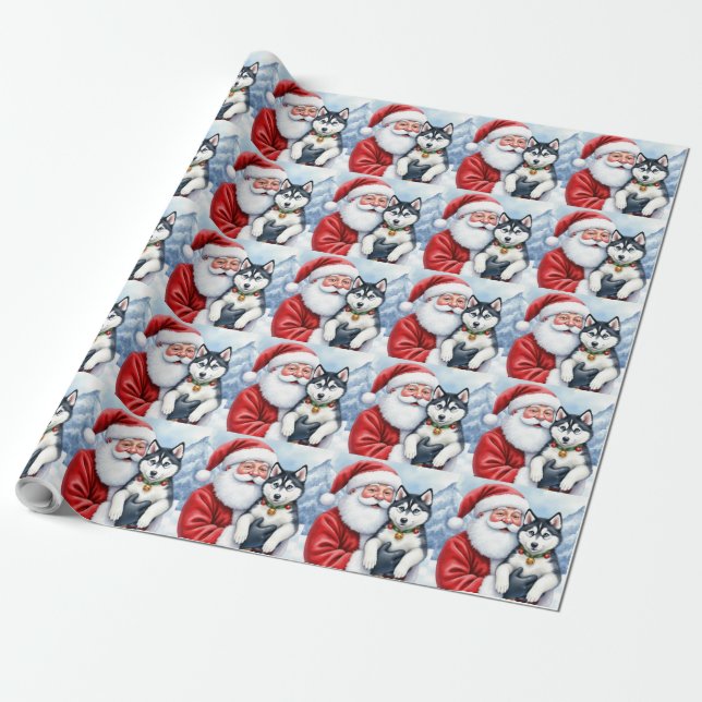 Santa Claus Holding Siberian Husky Christmas Art Presentpapper (Utrullad)