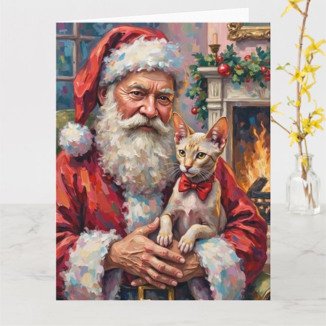 Santa Claus Holding Sphynx Cat Christmas Art Kort (Gul blomma)