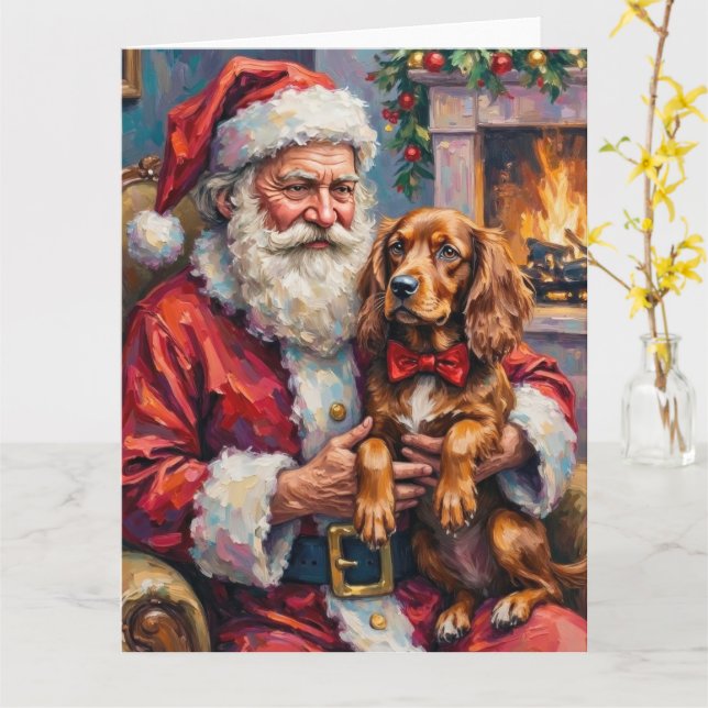 Santa Claus Holding Sussex Spaniel Christmas Art Kort (Gul blomma)