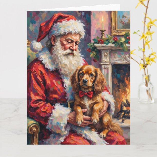 Santa Claus Holding Tibetan Spaniel Christmas Art Kort (Gul blomma)