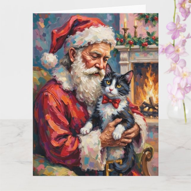 Santa Claus Holding Tuxedo Cat Christmas Art Kort (Orkide)