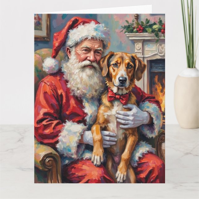 Santa Claus Holding Wolfhound Christmas Art Kort (Framsida)