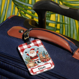 Santa Claus Holiday Gingham Red Christmas ID Bagagebricka