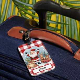 Santa Claus Holiday Gingham Röd Jul ID Bagagebricka