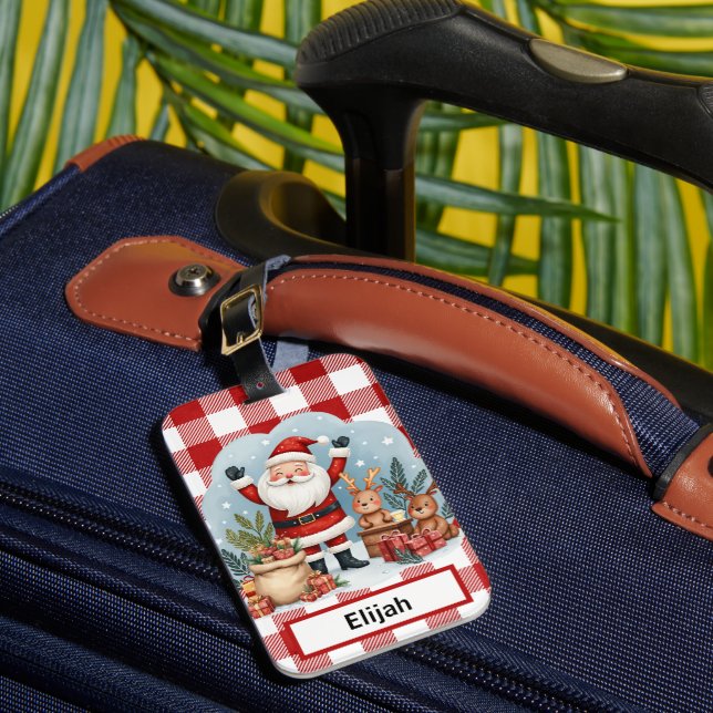Santa Claus Holiday Gingham Röd Jul ID  Bagagebricka (Framsida Insitu 1)