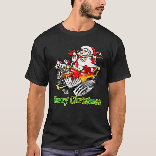 Santa Claus Hot Rod Sleigh Merry Christmas Classic T Shirt (Framsida)