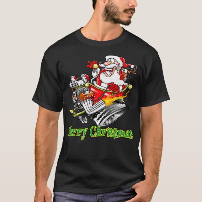Santa Claus Hot Rod Sleigh Merry Christmas T Shirt (Framsida)