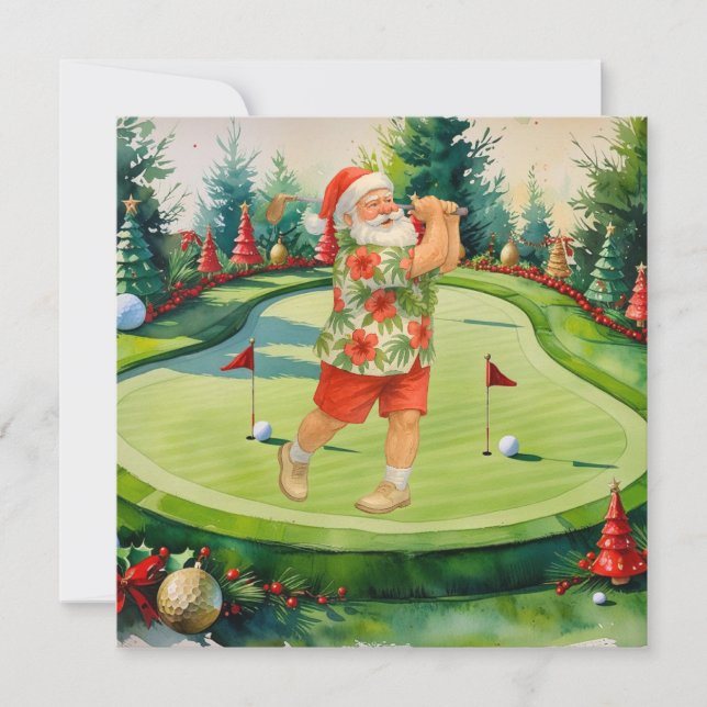 Santa Claus is golfing on putting green Julkort (Framsida)