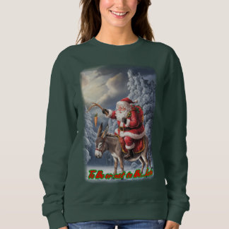 Santa Claus on a Donkey for Christmas on a Green T Shirt