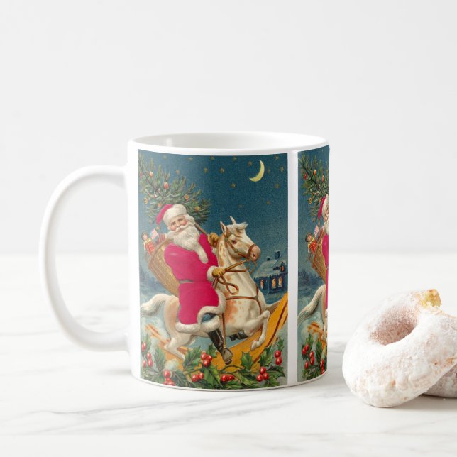 Santa Claus on a wooden horse Kaffemugg (Med munk)