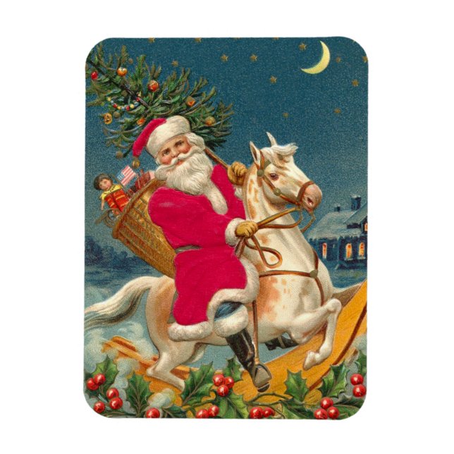 Santa Claus on a wooden horse Magnet (Vertikal)