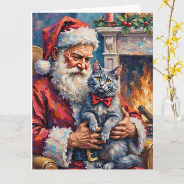 Santa Claus Oriental Blue Cat Christmas Art Kort (Gul blomma)