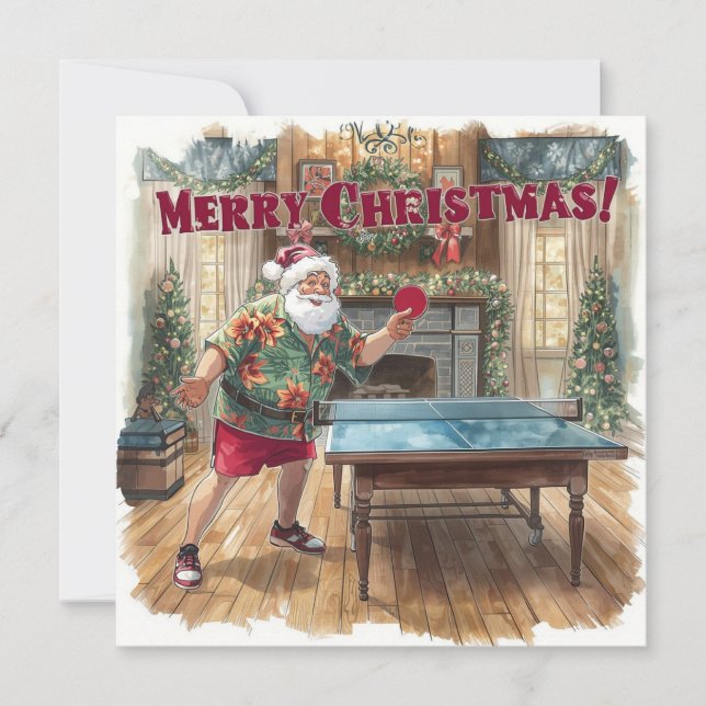 Santa Claus playing ping pong in a Hawaiian shirt Julkort (Framsida)