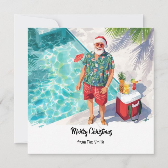Santa Claus Pool Party i Hawaii Tröja  Tropisk  Kort (Framsida)