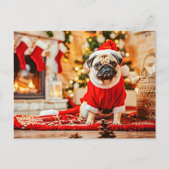 Santa Claus Pug with Christmas Tree Vykort (Framsida)