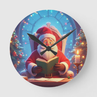 Santa Claus Reading a Book by Candlelight Rund Klocka