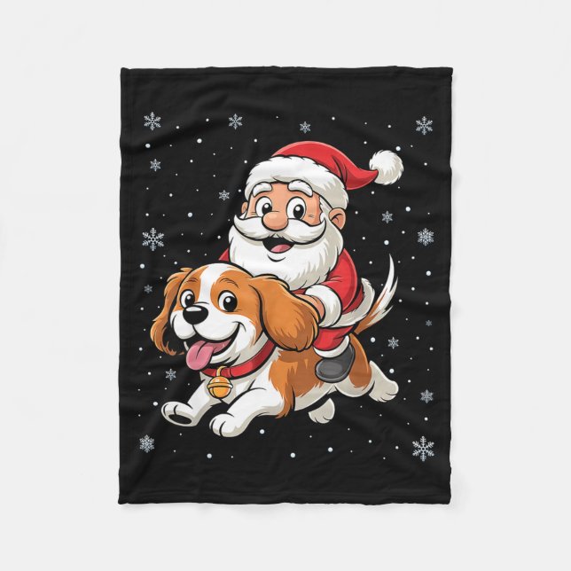 Santa Claus Riding Cavalier King Charles Spaniel D Fleecefilt (Framsidan)