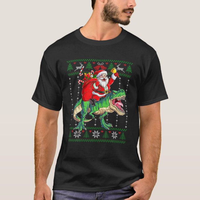 Santa Claus Riding Dinosaur Rex Christmas T Shirt (Framsida)
