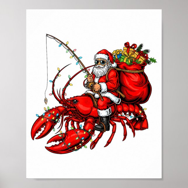 Santa Claus Riding Lobster Lights Christmas Fishin Poster (Framsidan)