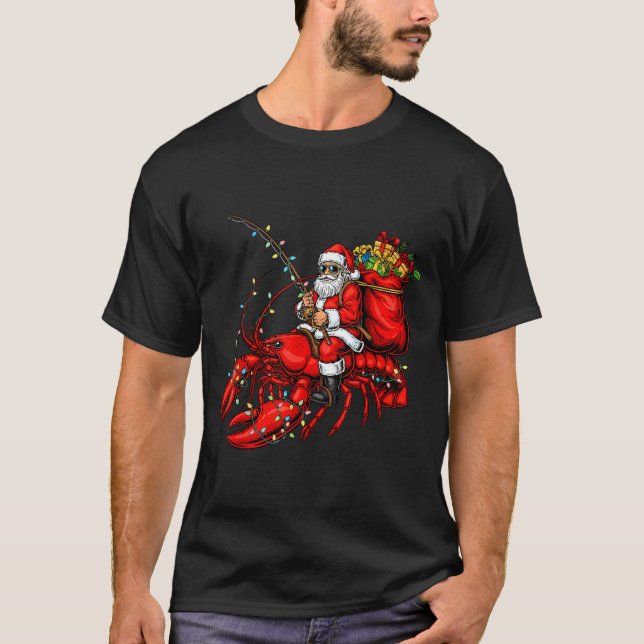 Santa Claus Riding Lobster Lights Christmas Fishin T Shirt (Framsida)