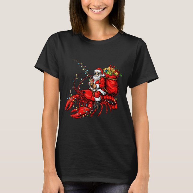 Santa Claus Riding Lobster Lights Christmas Fishin T Shirt (Framsida)